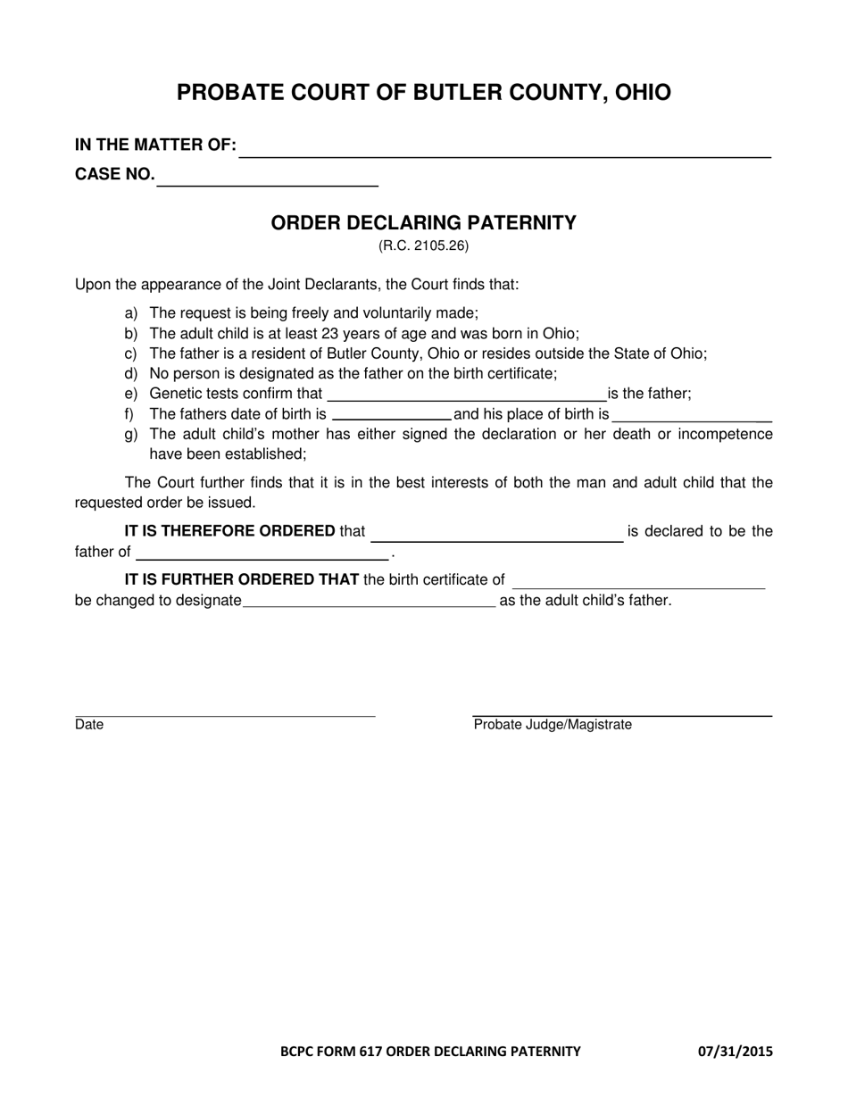 BCPC Form 617 Order Declaring Paternity - Butler County, Ohio, Page 1