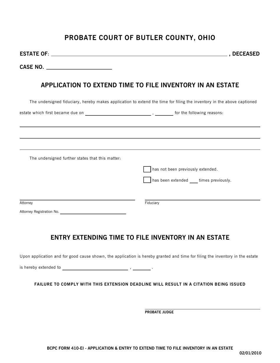 BCPC Form 410-EI Application  Entry to Extend Time to File Inventory in an Estate - Butler County, Ohio, Page 1