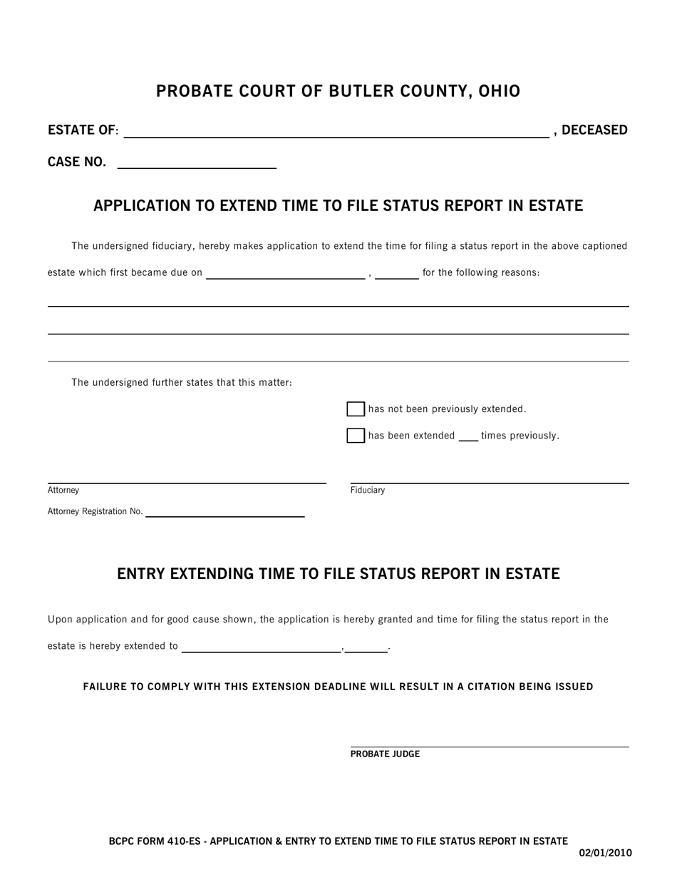 BCPC Form 410-ES Application  Entry to Extend Time to File Status Report in Estate - Butler County, Ohio, Page 1