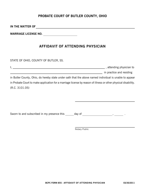 BCPC Form 855 Affidavit of Attending Physician - Butler County, Ohio