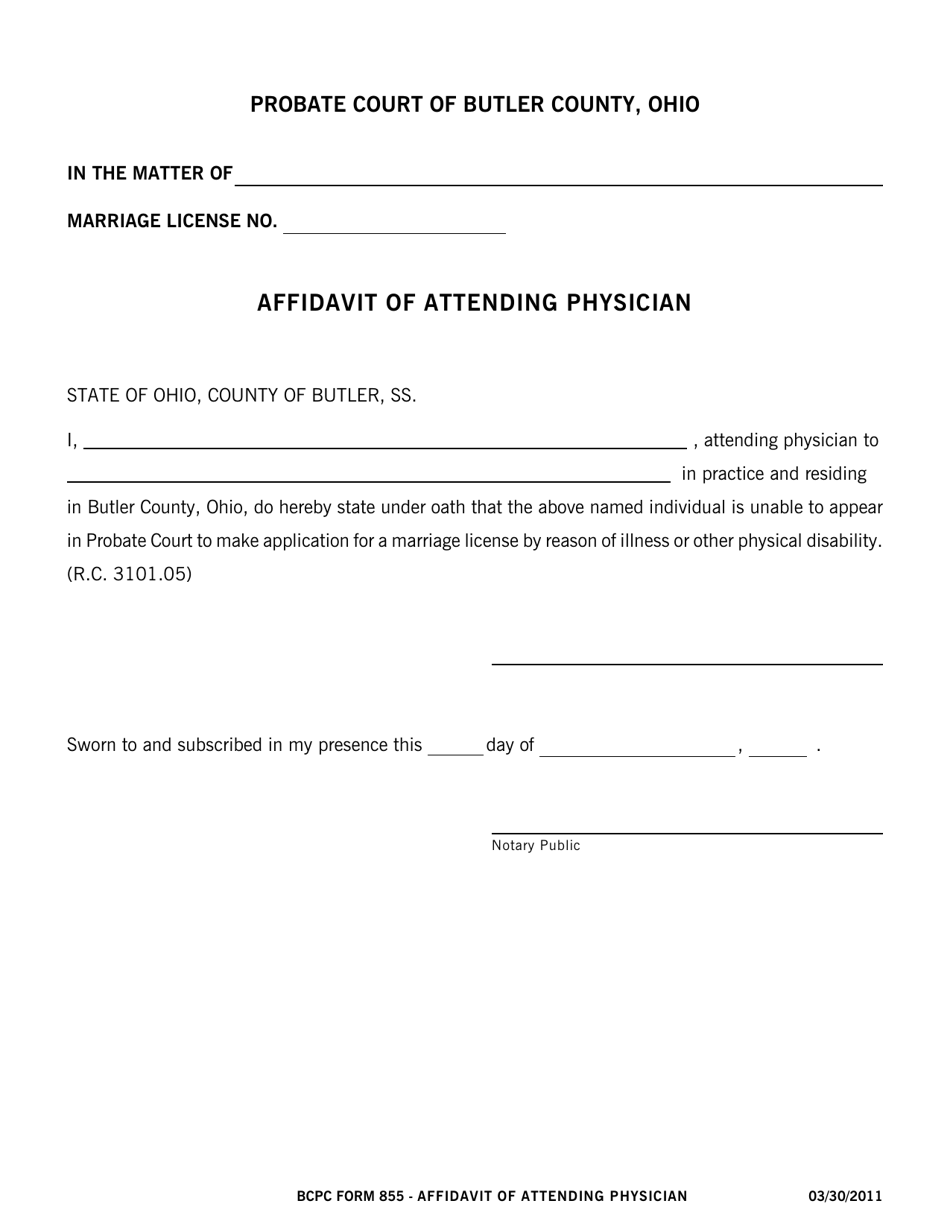 BCPC Form 855 Affidavit of Attending Physician - Butler County, Ohio, Page 1