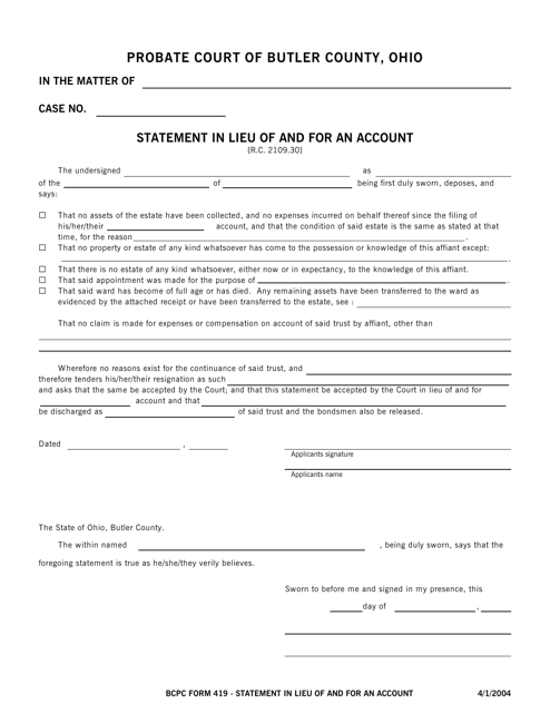 BCPC Form 419 Statement in Lieu of and for an Account - Butler County, Ohio