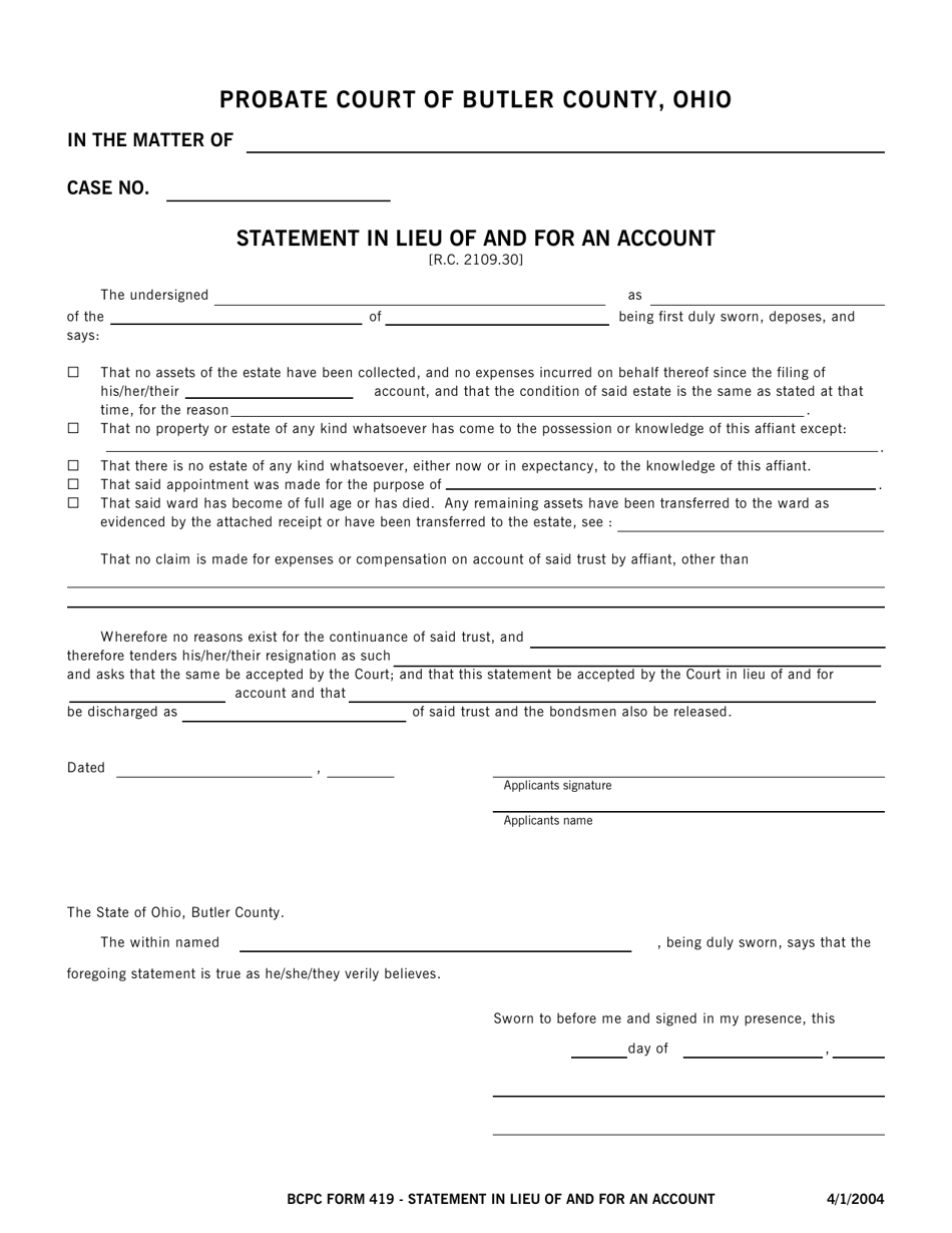 BCPC Form 419 Statement in Lieu of and for an Account - Butler County, Ohio, Page 1