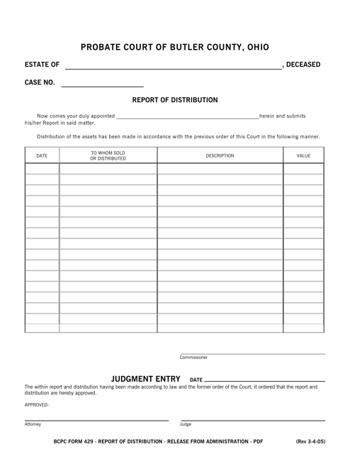 BCPC Form 429 Report of Distribution - Butler County, Ohio