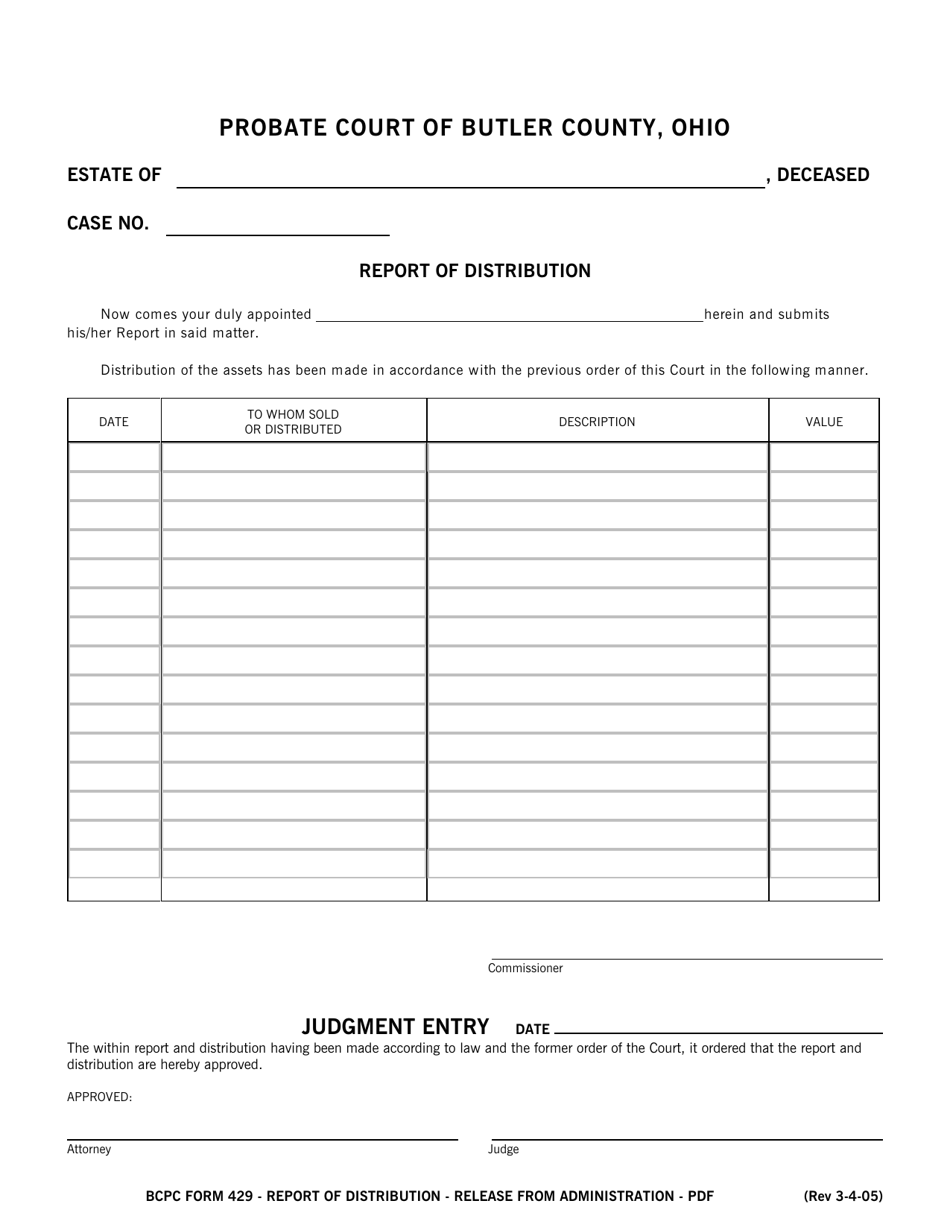 BCPC Form 429 Report of Distribution - Butler County, Ohio, Page 1