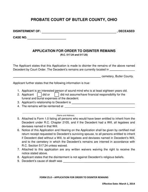 Form 25.0 Application for Order to Disinter Remains - Butler County, Ohio