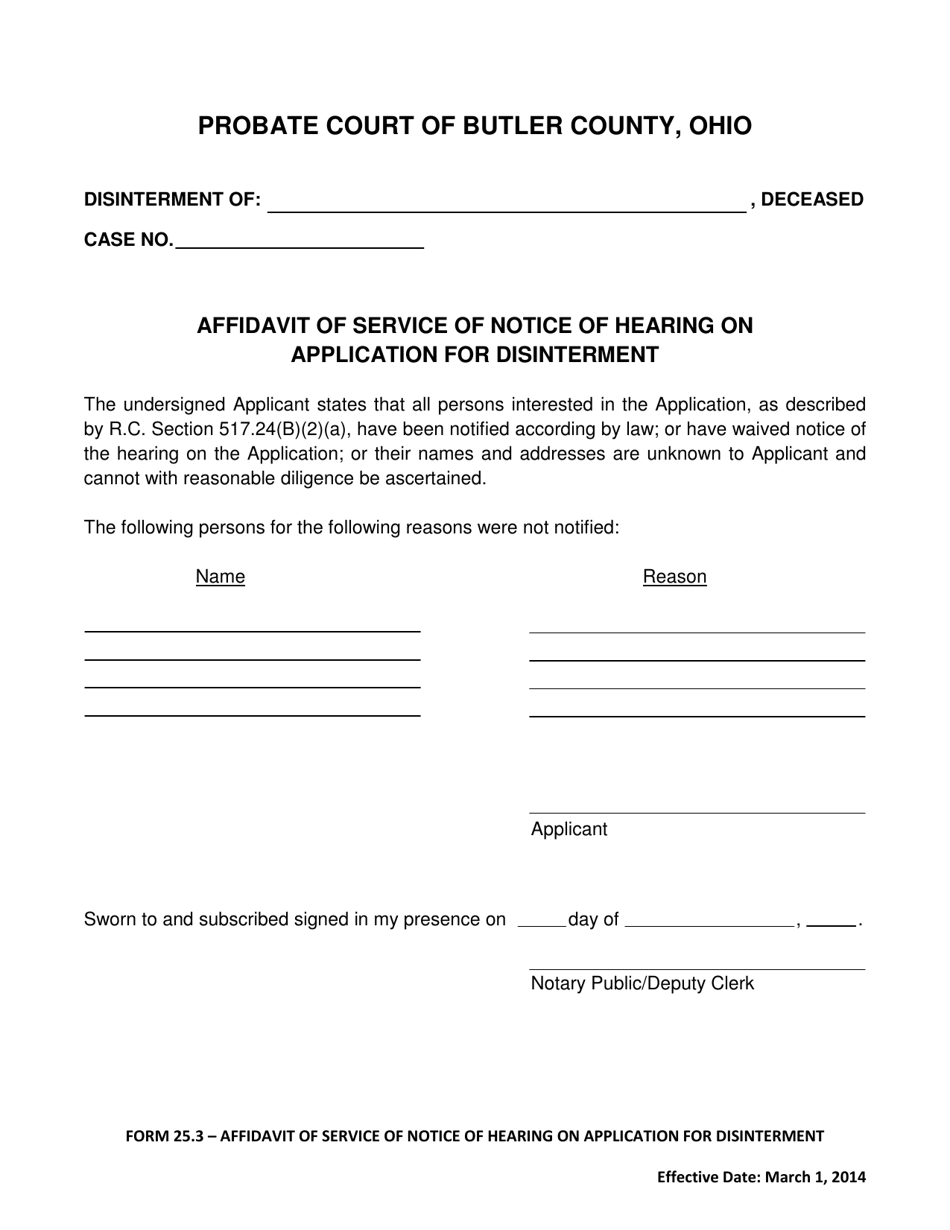 Form 25.3 Affidavit of Service of Notice of Hearing on Application for Disinterment - Butler County, Ohio, Page 1
