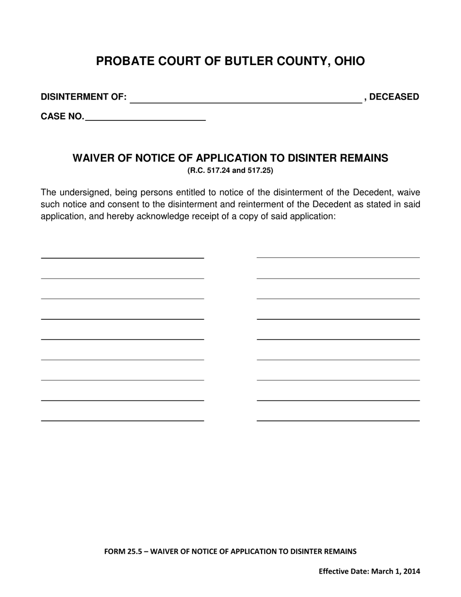Butler County, Ohio Waiver of Notice of Application to Disinter Remains