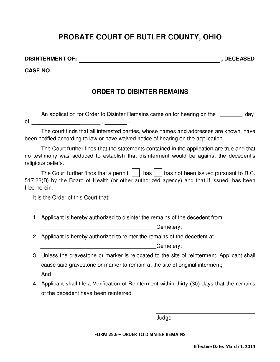 Form 25.6 Order to Disinter Remains - Butler County, Ohio, Page 1