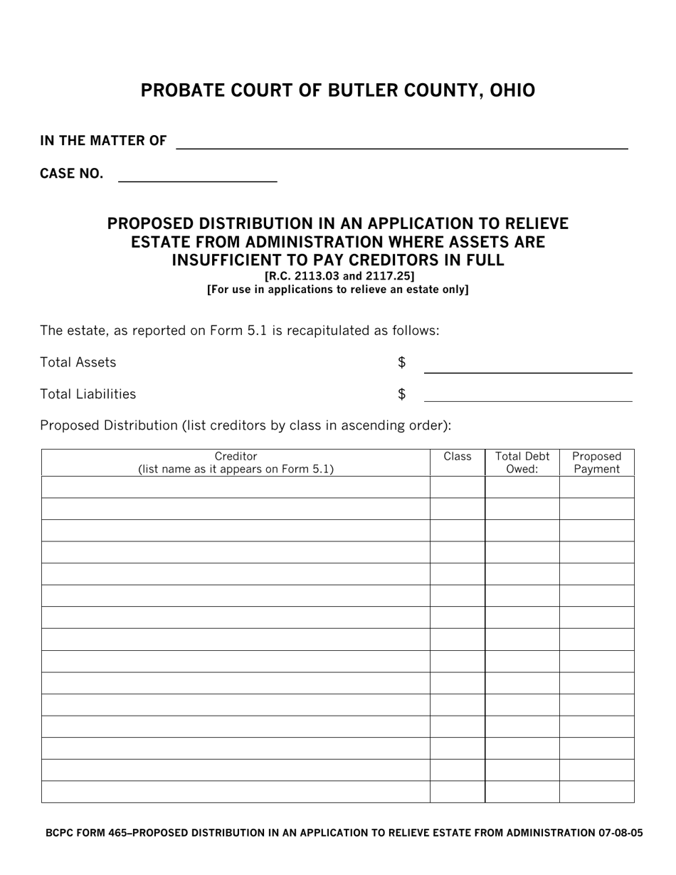BCPC Form 465 Proposed Distribution in an Application to Relieve Estate From Administration Where Assets Are Insufficient to Pay Creditors in Full - Butler County, Ohio, Page 1