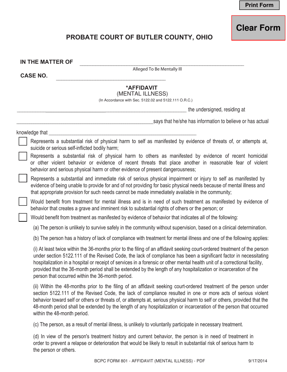 BCPC Form 801 Affidavit (Mental Illness) - Butler County, Ohio, Page 1