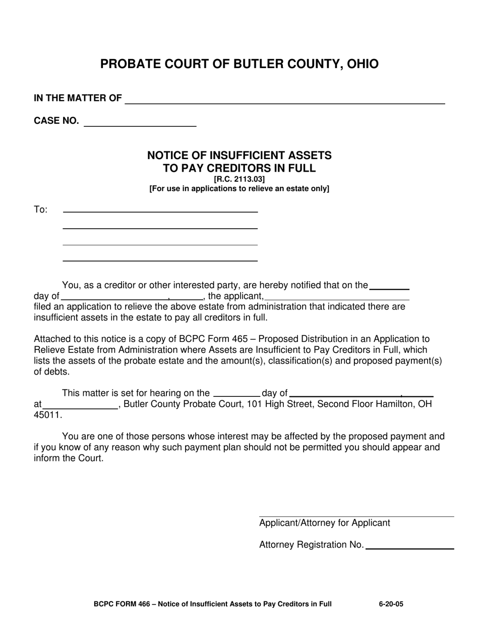 BCPC Form 466 Notice of Insufficient Assets to Pay Creditors in Full - Butler County, Ohio, Page 1