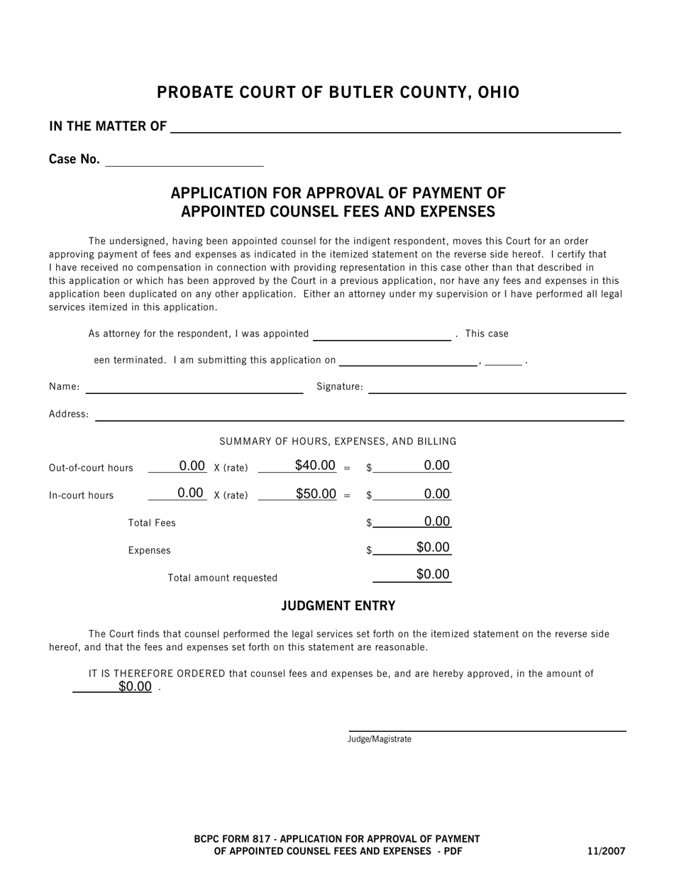 BCPC Form 817 Application for Approval of Payment of Appointed Counsel Fees and Expenses - Butler County, Ohio, Page 1