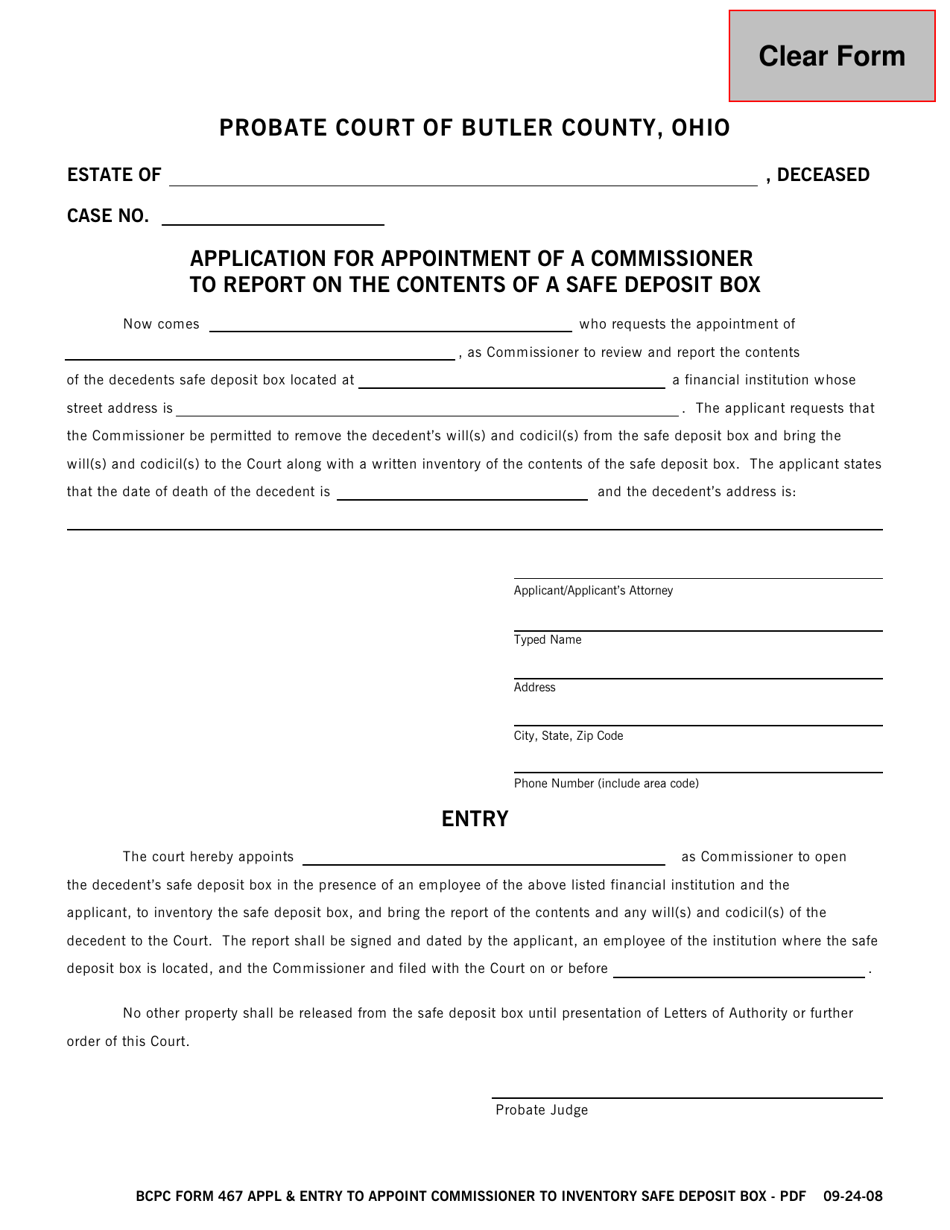 BCPC Form 467 Application for Appointment of a Commissioner to Report on the Contents of a Safe Deposit Box - Butler County, Ohio, Page 1