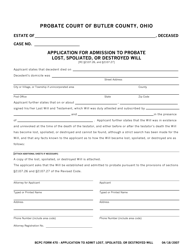 BCPC Form 470 Application for Admission to Probate Lost, Spoliated, or Destroyed Will - Butler County, Ohio