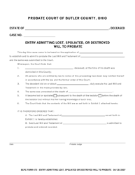 BCPC Form 473 Entry Admitting Lost, Spoliated, or Destroyed Will to Probate - Butler County, Ohio