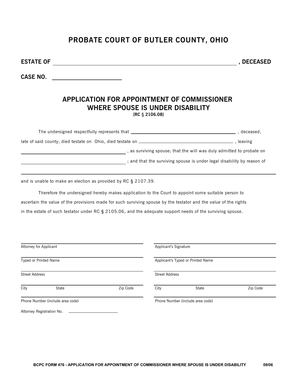 BCPC Form 476 Application for Appointment of Commissioner Where Spouse Is Under Disability - Butler County, Ohio, Page 1