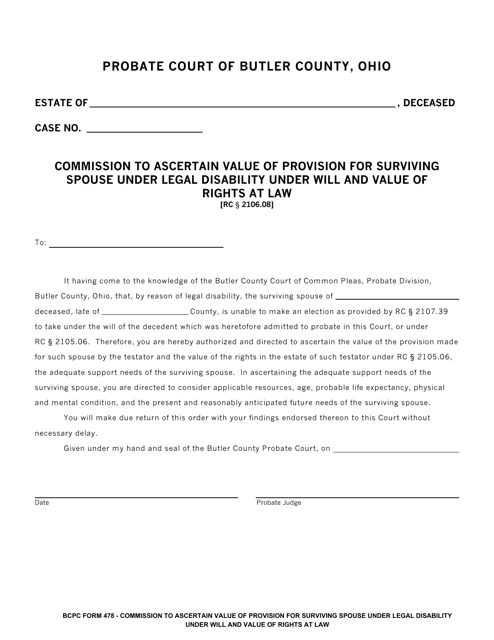 BCPC Form 478 Commission to Ascertain Value of Provision for Surviving Spouse Under Legal Disability Under Will and Value of Rights at Law - Butler County, Ohio