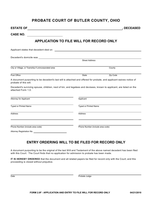 Form 2.0F Application and Entry to File Will for Record Only - Butler County, Ohio