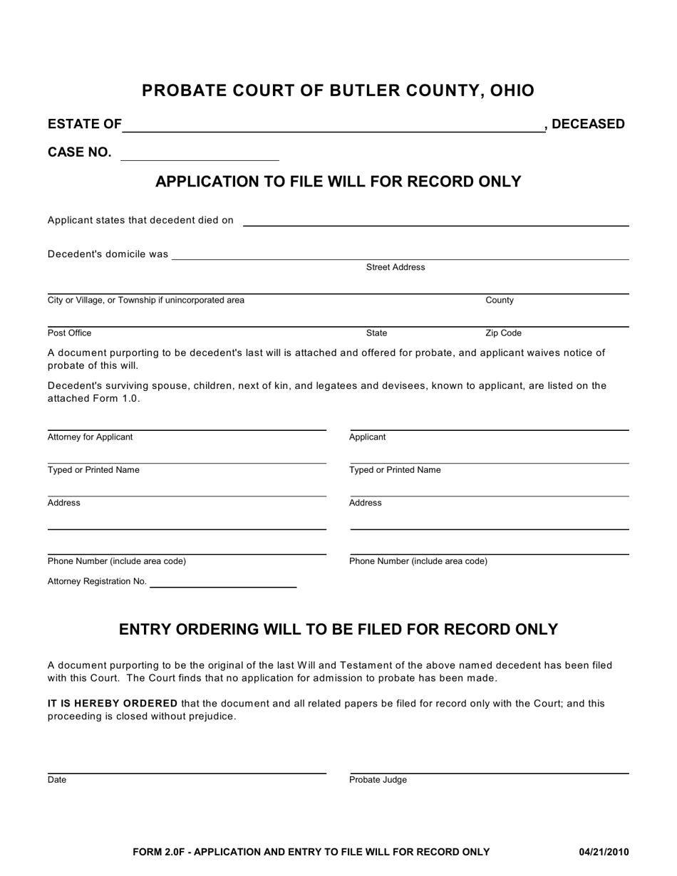 Form 2.0F Application and Entry to File Will for Record Only - Butler County, Ohio, Page 1