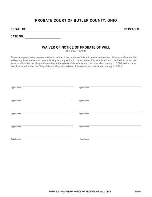 Form 2.1 Waiver of Notice of Probate of Will - Butler County, Ohio