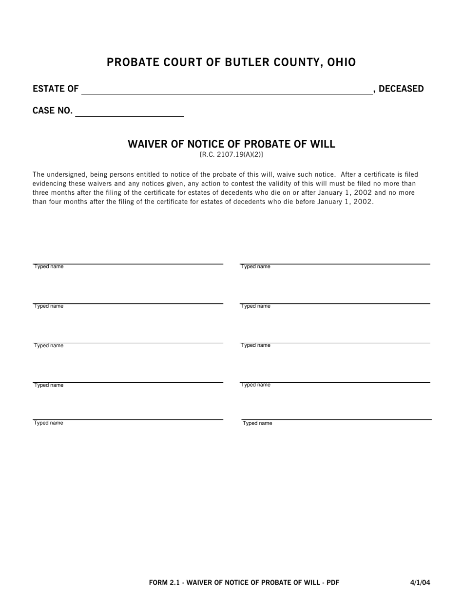 Form 2.1 Waiver of Notice of Probate of Will - Butler County, Ohio, Page 1