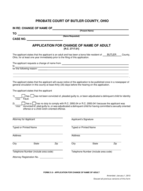 Form 21.0 Application for Change of Name of Adult - Butler County, Ohio