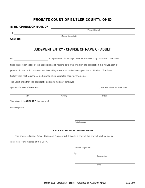Form 21.1 Judgment Entry - Change of Name of Adult - Butler County, Ohio