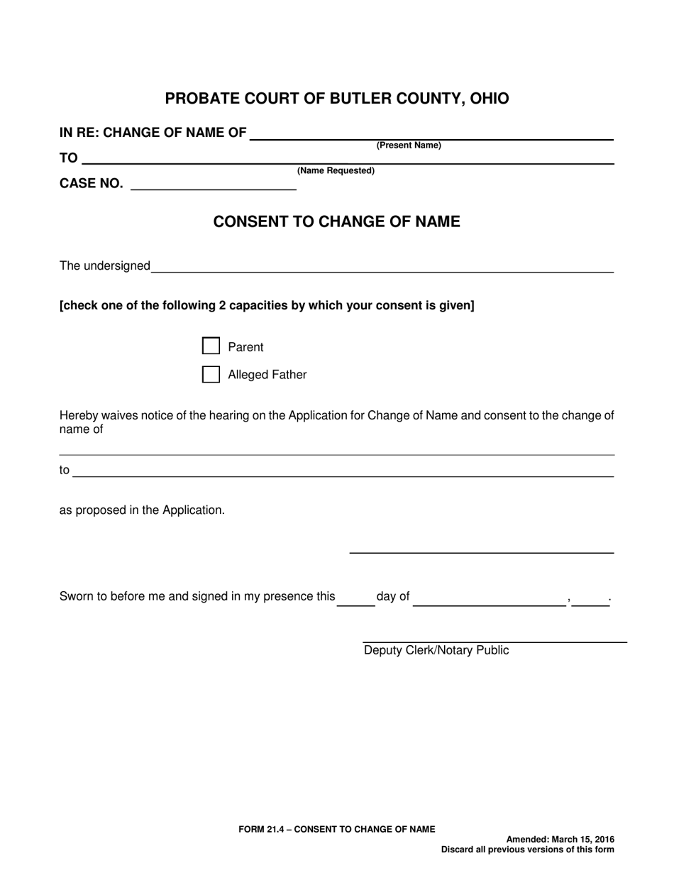 Form 21.4 Consent to Change of Name - Butler County, Ohio, Page 1