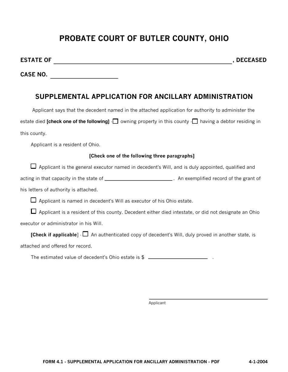 Form 4.1 Supplemental Application for Ancillary Administration - Butler County, Ohio, Page 1