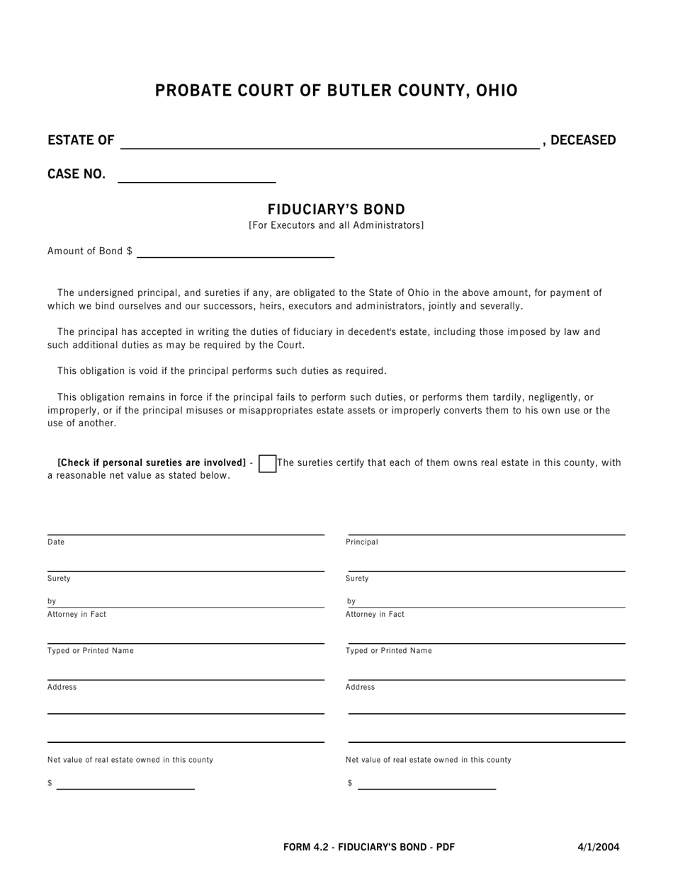 Form 4.2 Fiduciarys Bond - Butler County, Ohio, Page 1
