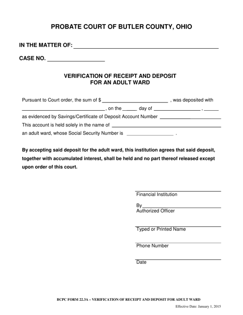 BCPC Form 22.3A Verification of Receipt and Deposit for an Adult Ward - Butler County, Ohio