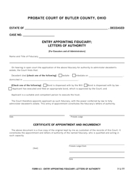 Document preview: Form 4.5 Entry Appointing Fiduciary; Letters of Authority - Butler County, Ohio