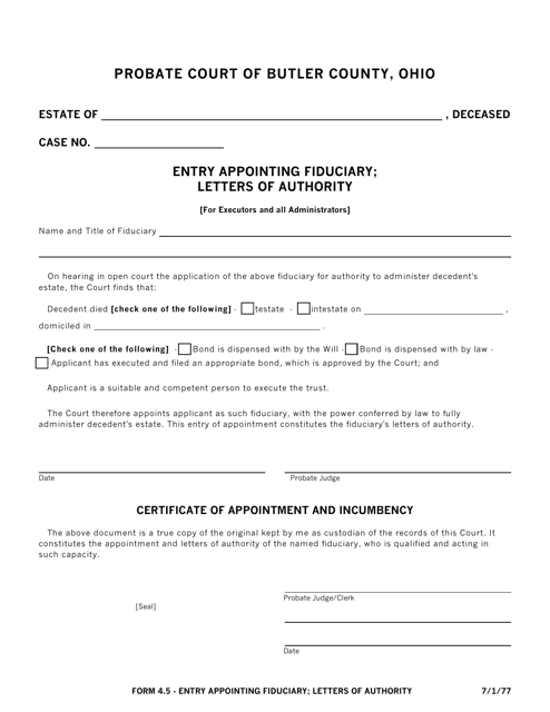 Form 4.5 Entry Appointing Fiduciary; Letters of Authority - Butler County, Ohio