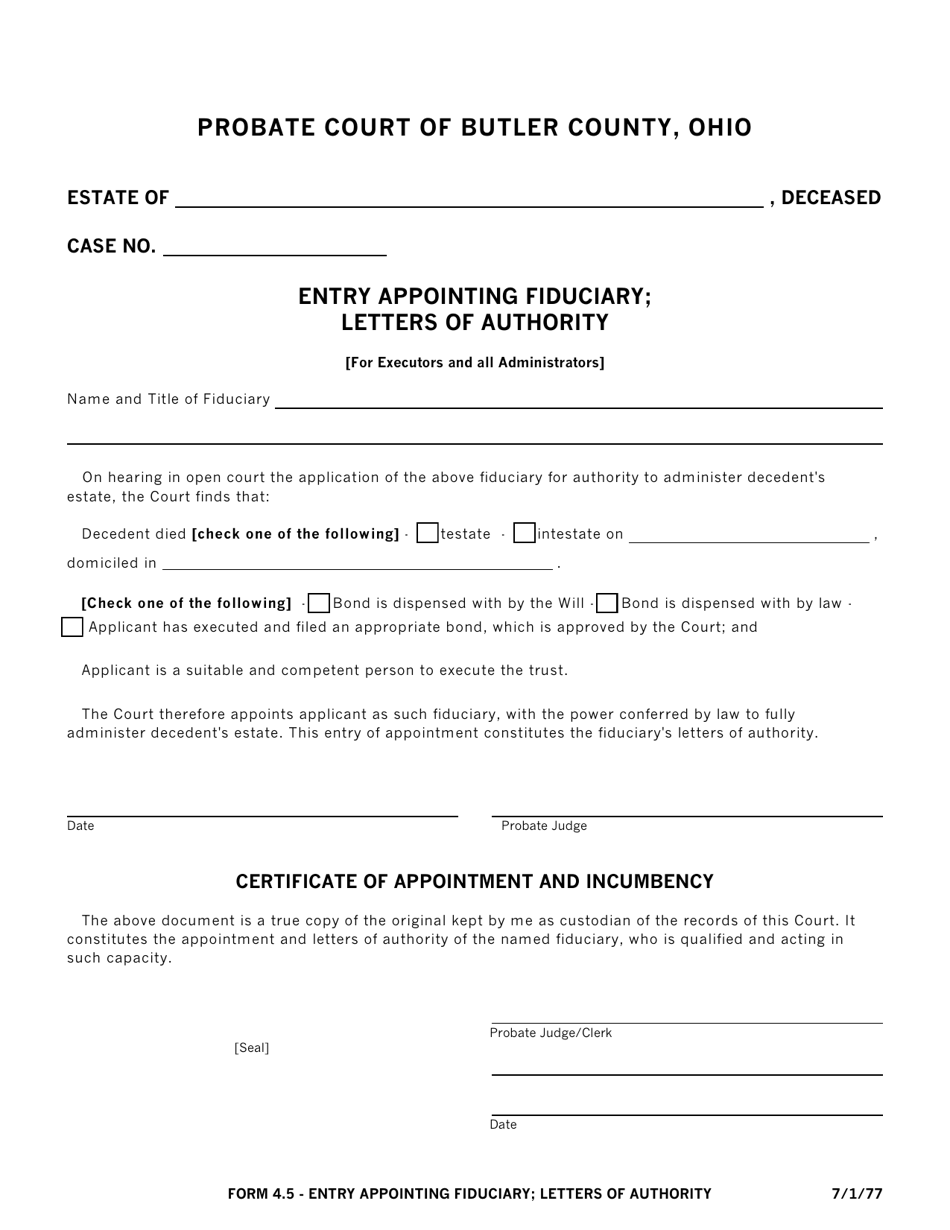 Form 4.5 Entry Appointing Fiduciary; Letters of Authority - Butler County, Ohio, Page 1