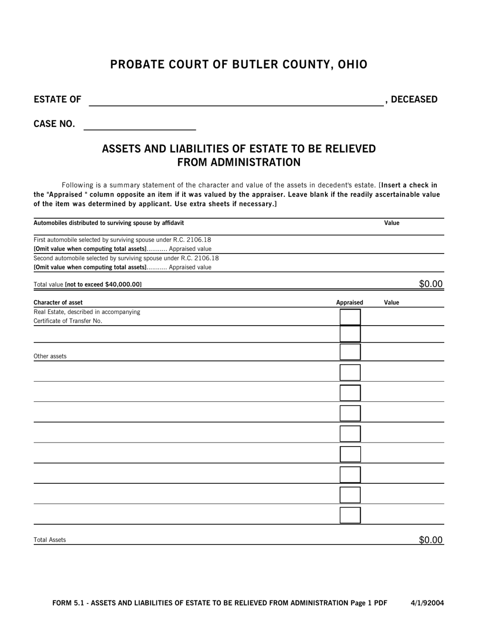 Form 5.1 Assets and Liabilities of Estate to Be Relieved From Administration - Butler County, Ohio, Page 1