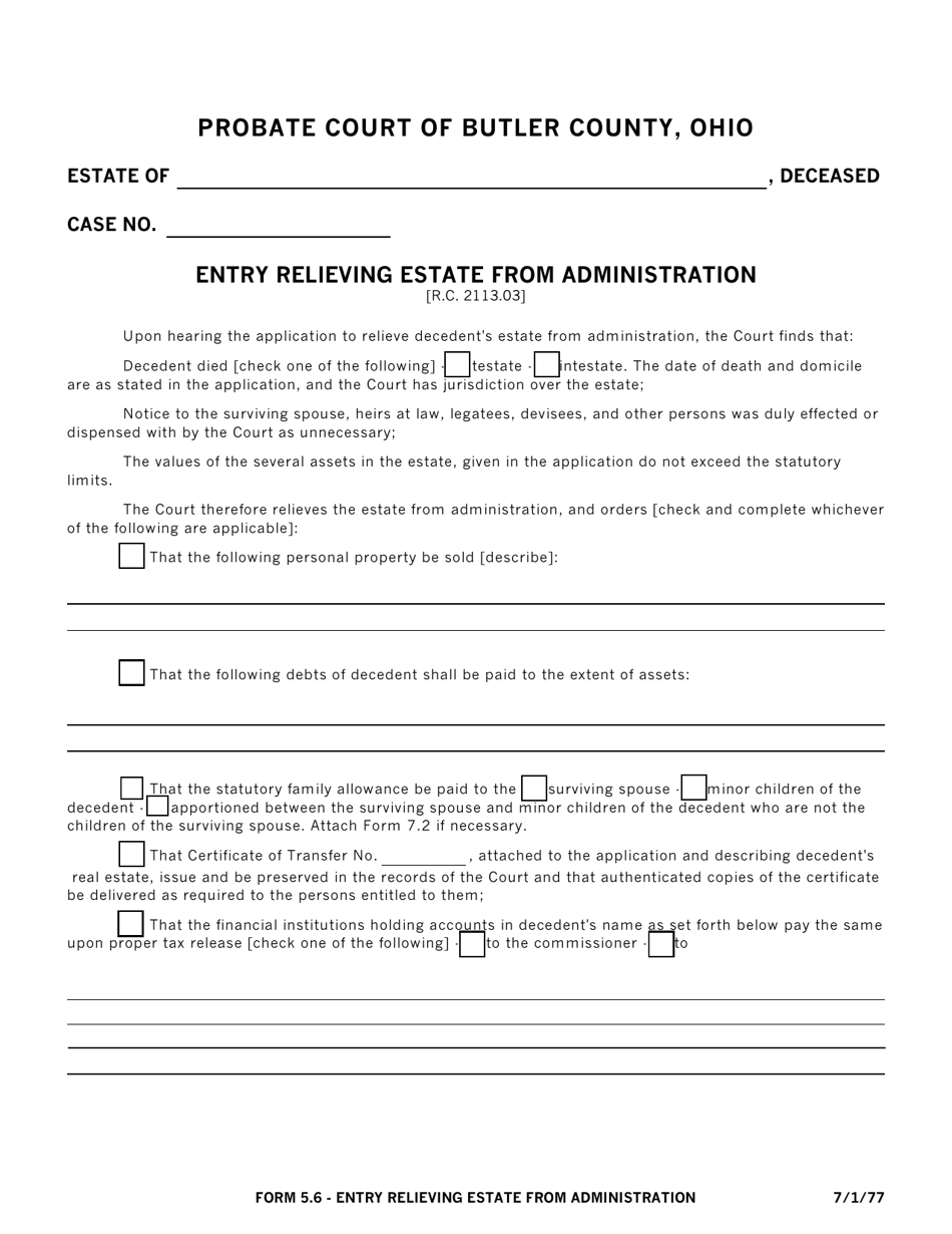 Form 5.6 Entry Relieving Estate From Administration - Butler County, Ohio, Page 1