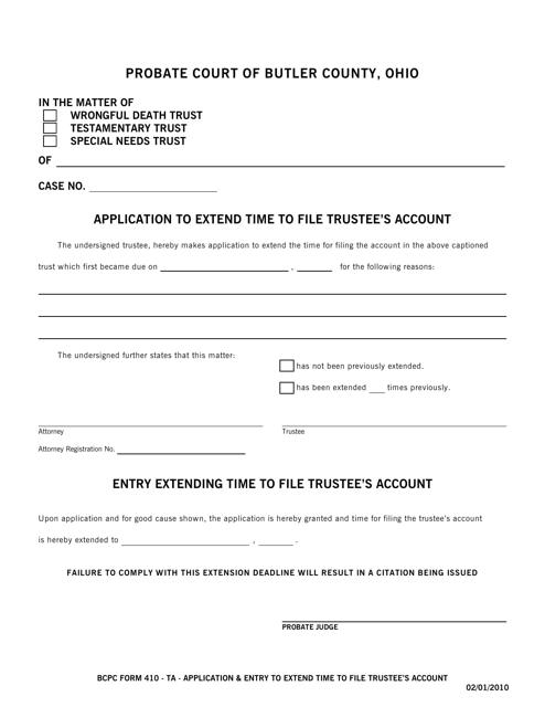 BCPC Form 410-TA Application & Entry to Extend Time to File Trustee's Account - Butler County, Ohio
