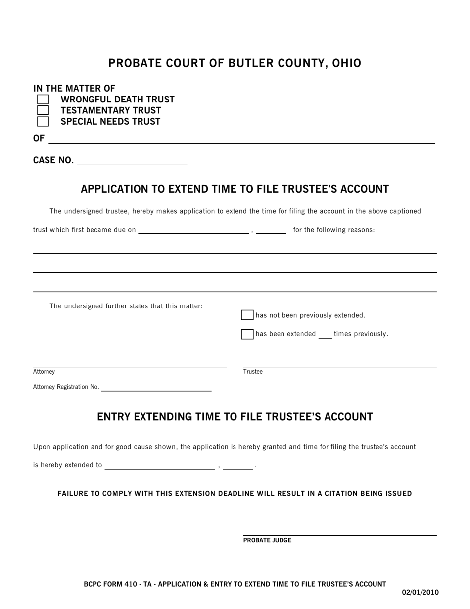 BCPC Form 410-TA Application  Entry to Extend Time to File Trustees Account - Butler County, Ohio, Page 1