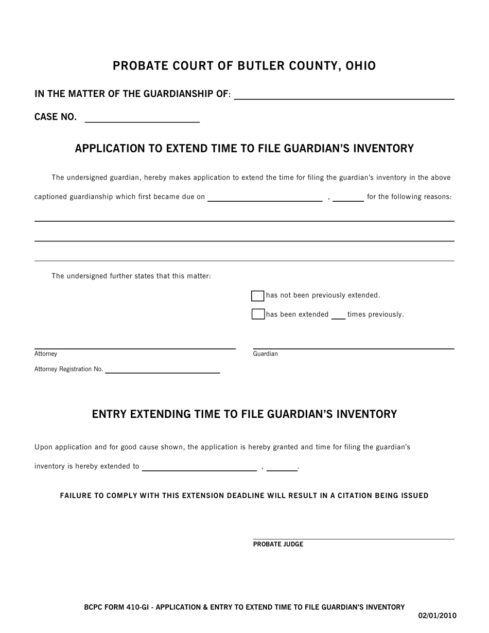 BCPC Form 410-GI Application  Entry to Extend Time to File Guardians Inventory - Butler County, Ohio, Page 1