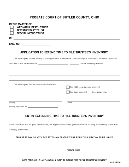 BCPC Form 410-TI Application & Entry to Extend Time to File Trustee's Inventory - Butler County, Ohio