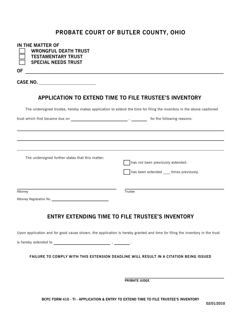 BCPC Form 410-TI Application  Entry to Extend Time to File Trustees Inventory - Butler County, Ohio, Page 1