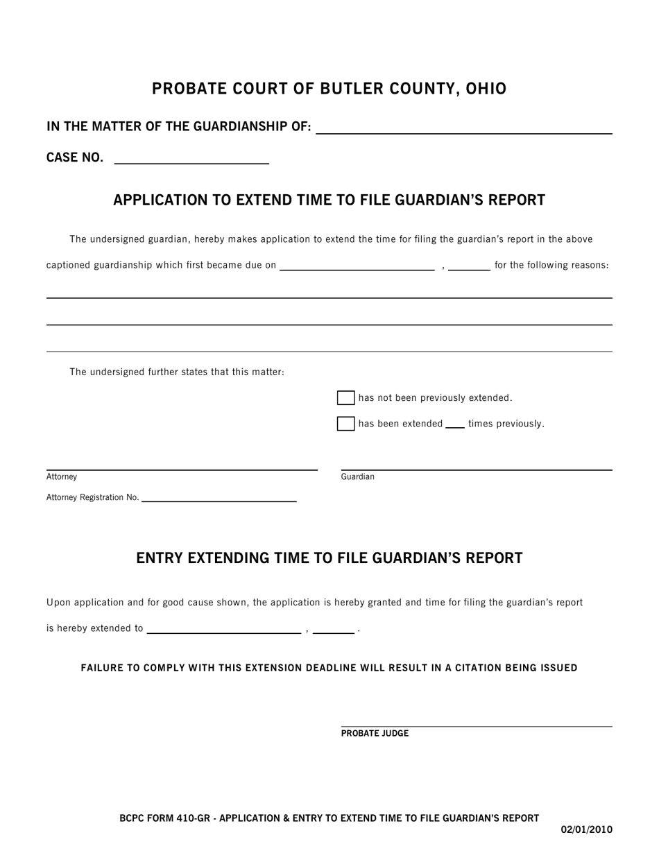 BCPC Form 410-GR Application to Extend Time to File Guardians Report - Butler County, Ohio, Page 1