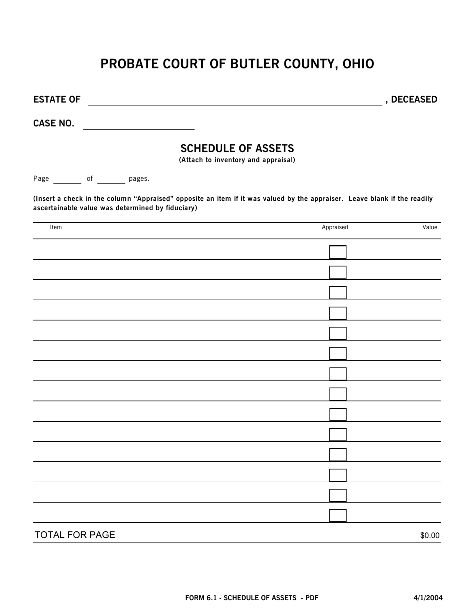 Form 6.1 Schedule of Assets - Butler County, Ohio, Page 1