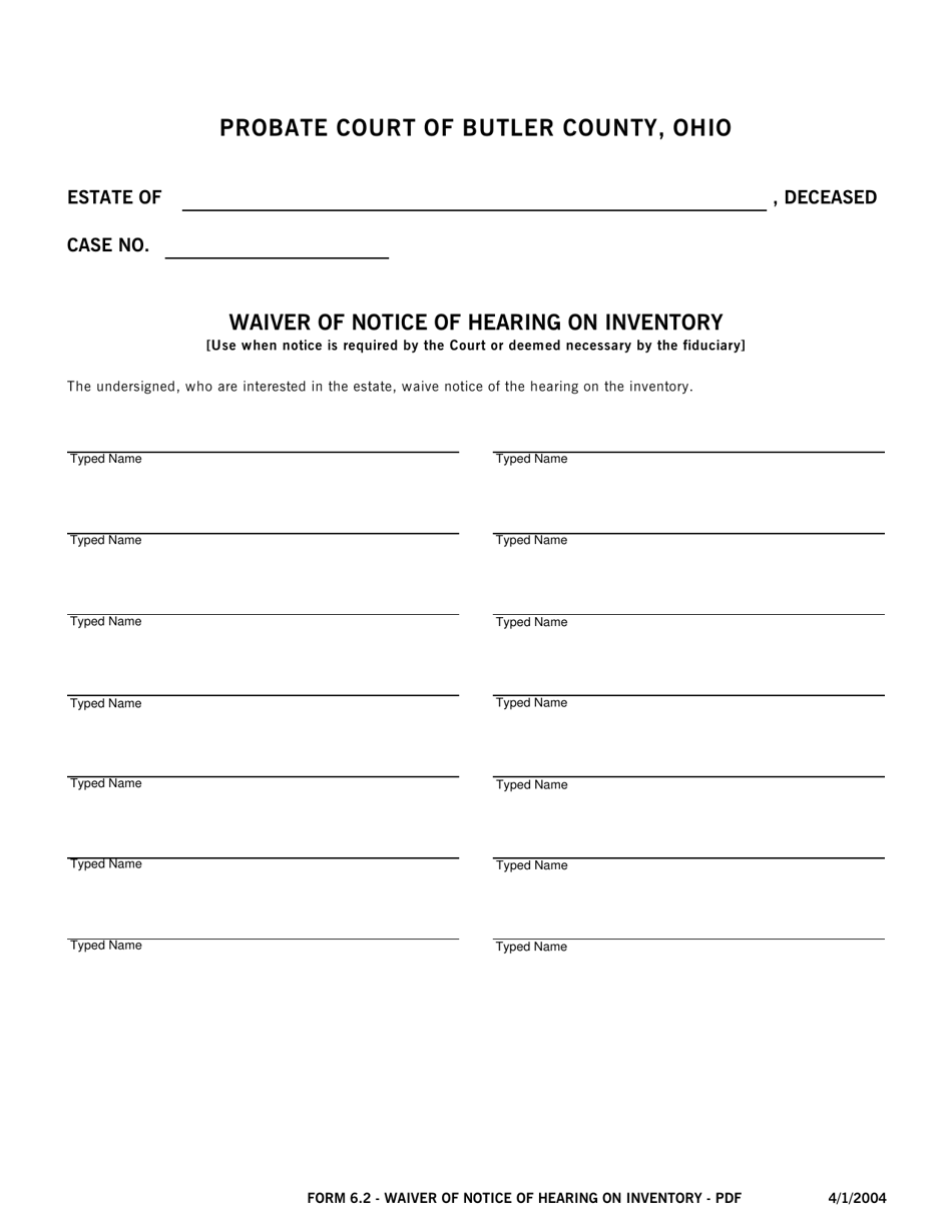 Form 6.2 Waiver of Notice of Hearing on Inventory - Butler County, Ohio, Page 1