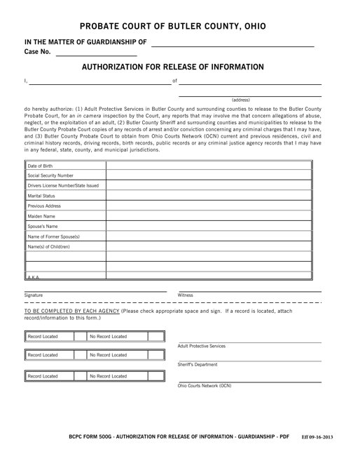 BCPC Form 500G Authorization for Release of Information - Guardianship - Butler County, Ohio