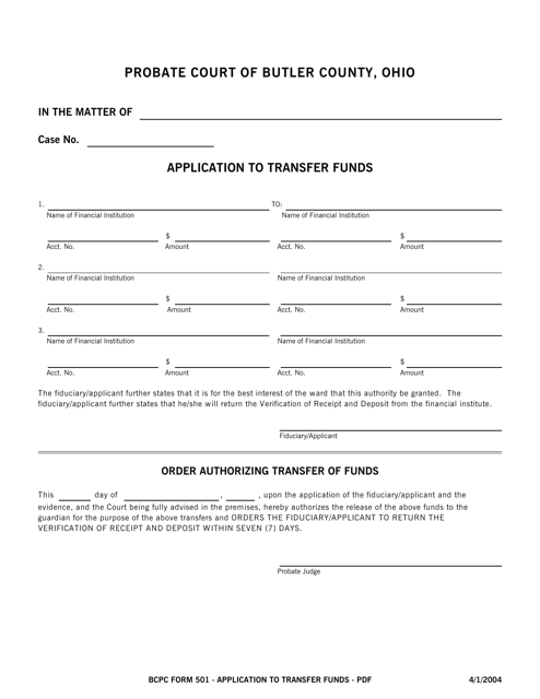 BCPC Form 501 Application to Transfer Funds - Butler County, Ohio