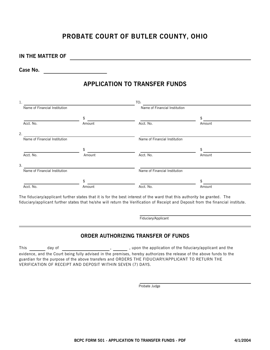 BCPC Form 501 Application to Transfer Funds - Butler County, Ohio, Page 1