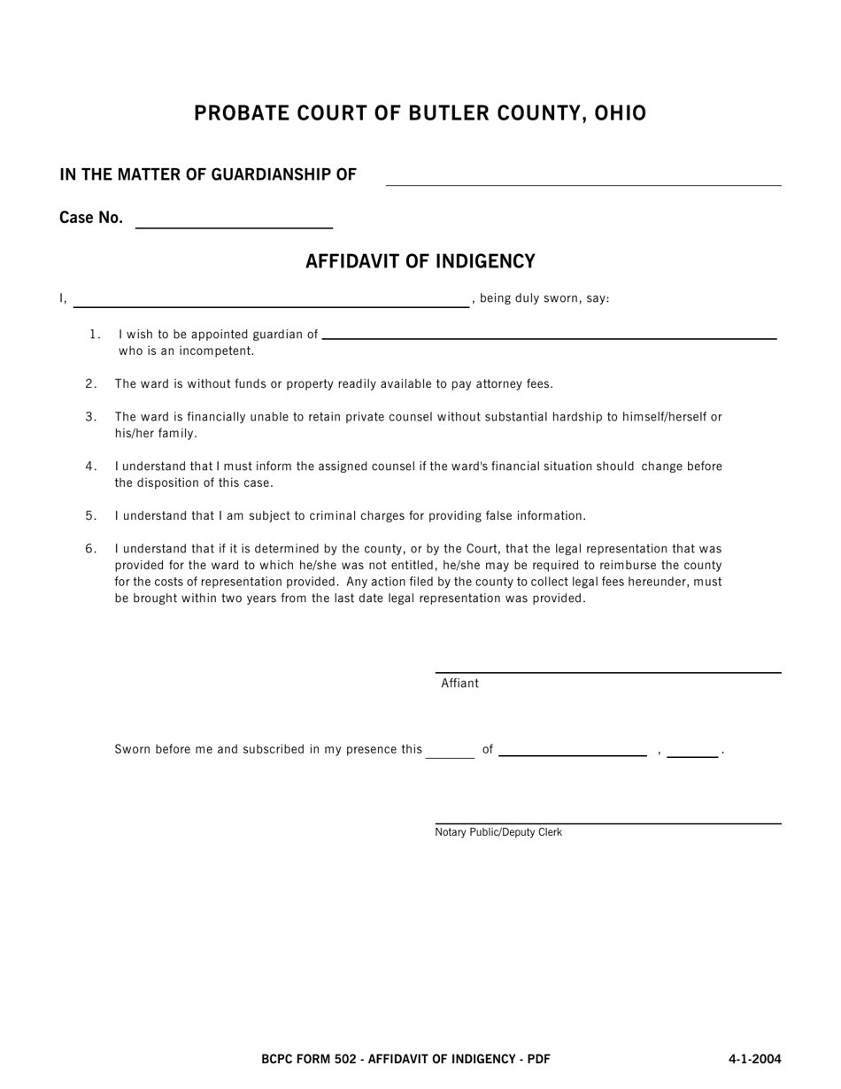BCPC Form 502 Probate Court of Butler County, Ohio - Butler County, Ohio, Page 1
