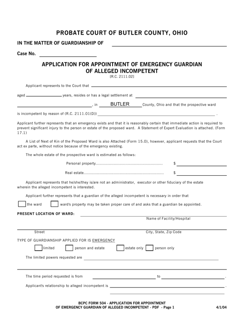 BCPC Form 504 Application for Appointment of Emergency Guardian of Alleged Incompetent - Butler County, Ohio